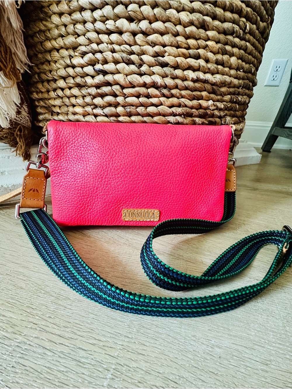 Consuela Maren Uptown Hot Pink Leather Crossbody with Striped Woven Strap